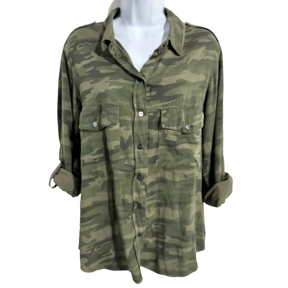 Sanctuary Green Camo Print Button Front Roll Long Sleeve Boyfriend Shirt Size S